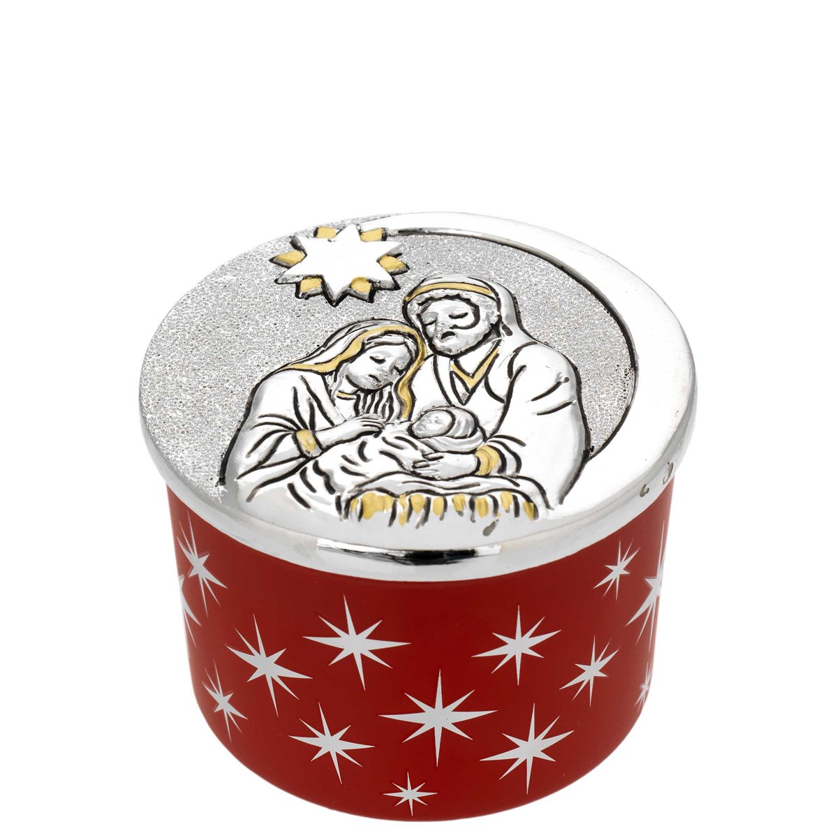 Vasetto candela profumata 75x50 70 gr. con coperchio argentato presepe